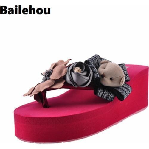 Bailehou Women Shoes Slippers Wedge Slip On Slides Beach Slipper Flip Flops Sandels Handmade Flower Platform Shoes Heel 6cm