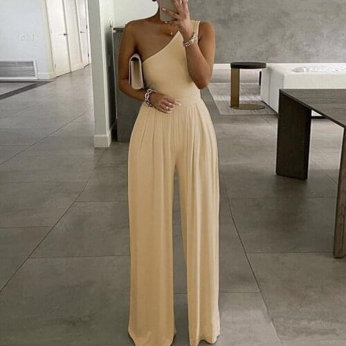 Women Solid 2021 Fashion One Shoulder Pleated Summer Casual Jumpsuit Rompers Long Wide Leg Pants Female Clothing Overalls