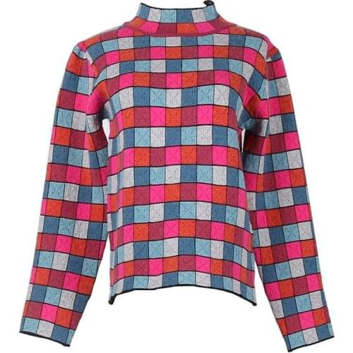 2018 Fall Winter Runway Sweater Women Wool Pullover Multi Color Block Plaid Vintage Turtleneck Jersey Knitted Sweaters