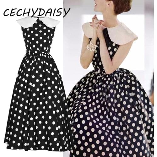 Designer Brand Runway Fashion Women Polka Dot Print Dress Hepburn Princess Fairycone Elegant Midi Long Evening Dresses Vestidos