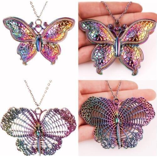 1pcs Rainbow Color Alloy Cute Hollow pattern Butterfly Necklaces for women Female Jewelry Collar free Stainless steel chain 20