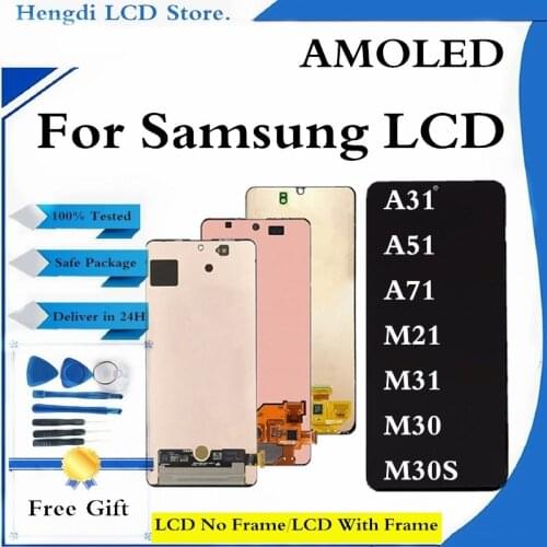 Amoled LCD For Samsung A31 A51 LCD Display Touch Screen Digitizer Assembly For Samsung M21 M31 M30 M30S Display Screen + Frame