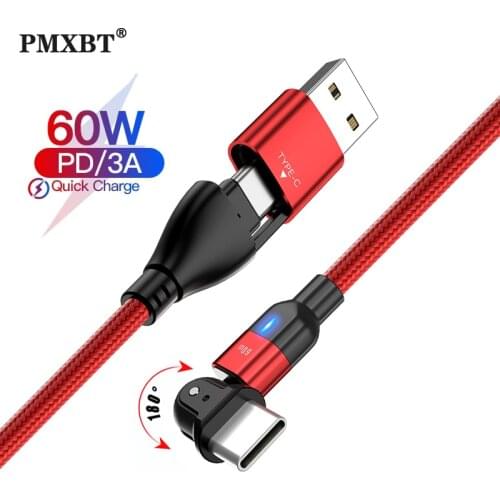 2 in 1 60W PD Fast Charging Type C to Type C Data Cable For MacBook Pro Samsung Note 20 S20 Ultra S10+ QC4.0 3.0 540 Rotation