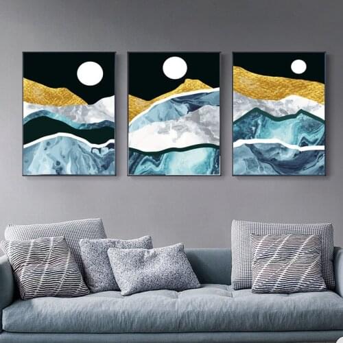 Abstract landscape Sunrise Yellow Blue Canvas Painting Nordic Wall Art Picture Poster for Living Room Home Room Interior Decor