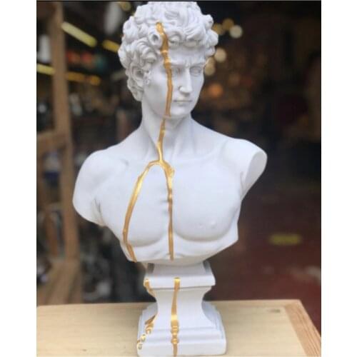 Decoration White David Big Size Gold Pouring Sculpture Bust 43 * 25 * 15 Resin Art & Craft Sketch Practice Room Decor