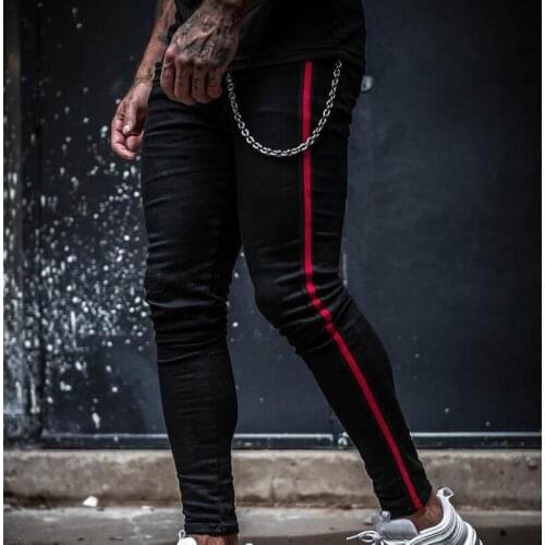 Skinny Jeans Men Fashion Side Stripe Slim Fit Solid Denim Pencil Pants Men Casual Stretch Mid Waist Black Jeans Pantalon