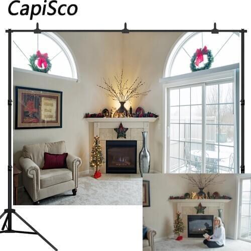 Capisco Merry Christmas Photography Background Christmas Tree Winter Window Fireplace Wreath Backdrop Photo Studio Props