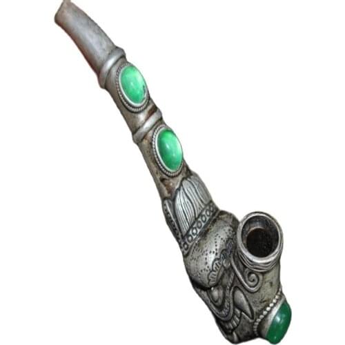 China Folk Old Tibetan Silver-Embedded Ice Green Jade Tibetan Silver Pipe