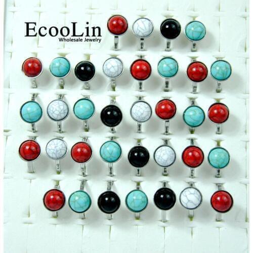 150Pcs EcooLin Brand Fashion Turquoisee Stone Cobblestone Stainless Steel Rings For Women Jewelry Lots Bulk LR4030