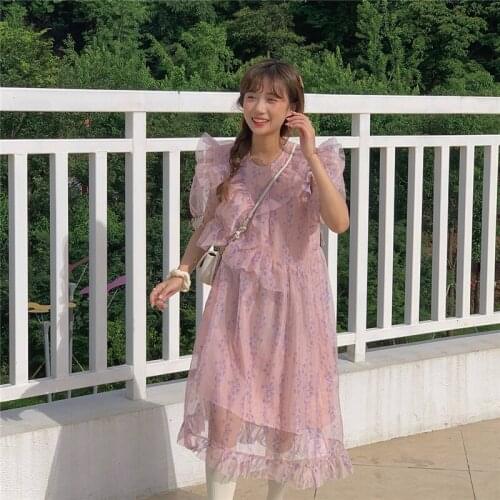 Sweet Summer Lolita Dress Soft Girl Japanese Style Pink Floral Dress Midi Summer Sundress Women Ruffles Sleeve Cute Kawaii Dress
