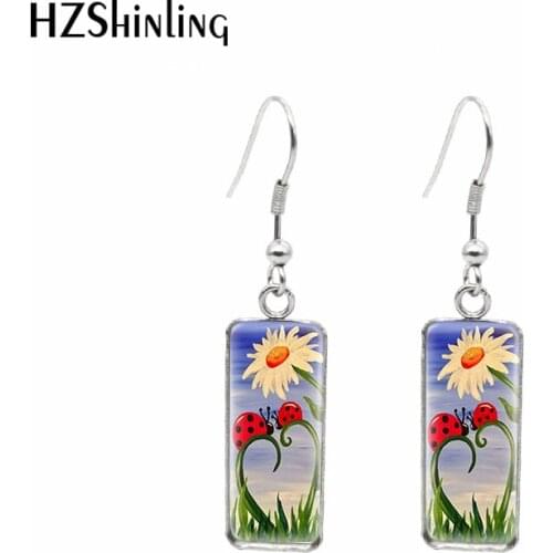 2021 New Ladybugs with Flower Rectangular Earring Art Fish Hook Earrings Glass Cabochon Handmade Jewelry