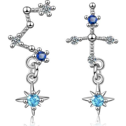 New Fashion Exquisite Flash 925 Sterling Silver Jewelry Dipper Seven Stars Asymmetric Five-pointed Crystal Stud Earrings SE651