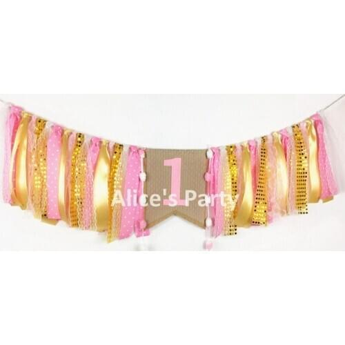 New Pink Tulle Banner Sequins Gold theme party garland baby shower bunting Girl First Birthday flag Sign 1st Bling Party Decor
