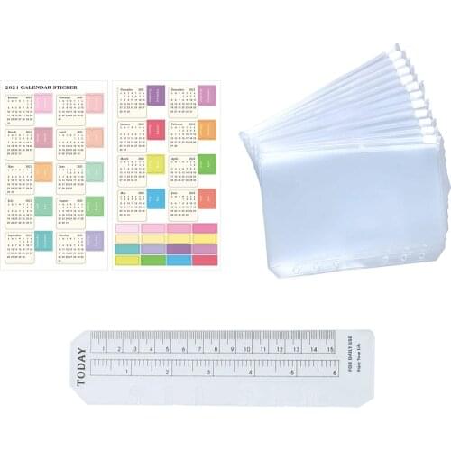 A6 Transparent Binder Zipper Folders Bags 12pcs With 1pc Bookmark Ruler Transparent 6 Holes Notebook Binders 17x10.6cm