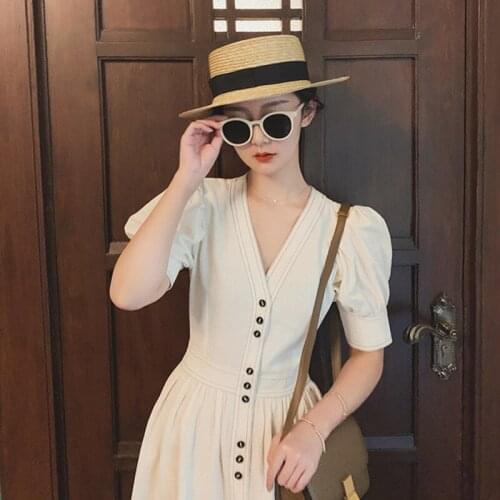 Dress Women New Summer V-neck Puff Sleeve Collect Waist Retro FrenchDress Date Wear Temperament Lady Button Dress