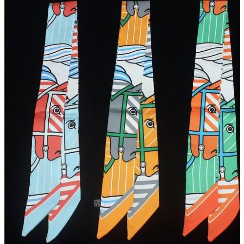 90*5cm New Contrasting Color Horse Head Printing Womens Small Silk Scarf Womens Tie Bag Handle Ribbon Hair Band Shawl
