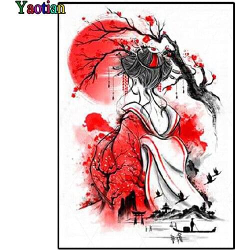 Full Square/Round 5D DIY Diamond Embroidery Japanese Woman Picture Of Rhinestone Diamond Painting Red Sun Landscape Mosaic Gift