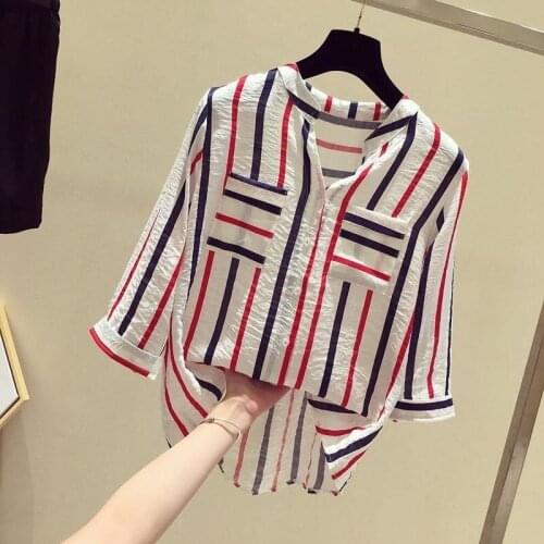 Cotton Linen Striped Women Shirts Summer Vintage V-Neck Pocket Straight Casual Female Outwear Coats Tops
