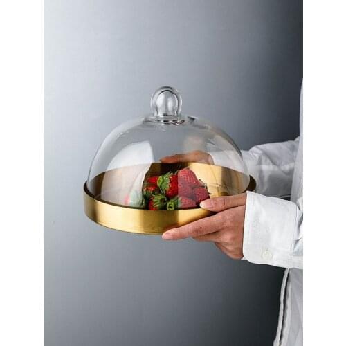European-style Transparent Glass Cake Cover Fresh-keeping Cover Dessert Golden Stainless Steel Dessert Plate Fruit Plate