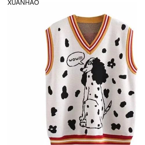 XUANHAO Womens Cartoon Dog Embroidery Knitted Sweaters Sleeveless Vest 2020 Winter Warm V-Neck Female Jumpers Pullovers