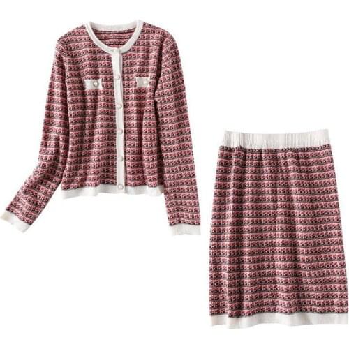 Plus Size 4XL Autumn Womens Knit Set Houndstooth Cardigan Mini Skirt Casual Lady Suit Sweater Sets Short Elegant Female Suits