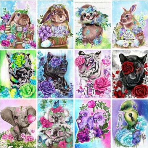 FIYO DIY Diamond Beads Embroidery Cross Stitch Tiger Flower Diamond Painting Square/Round Mosaic Rabbit Animal Bird Wall Decor