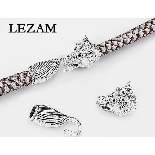 3 Sets Antique Tone Wolf Head End Cap Hook Tail Clsap Fit 8mm Round Leather Cords Bracelet Making Jewelry Findings