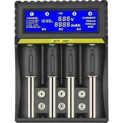 BTY-V407 Battery Charger Li-ion Li-fe Ni-MH Ni-CD Smart Fast Charger for 18650 26650 6F22 9V AA AAA 16340 14500 Battery Charger