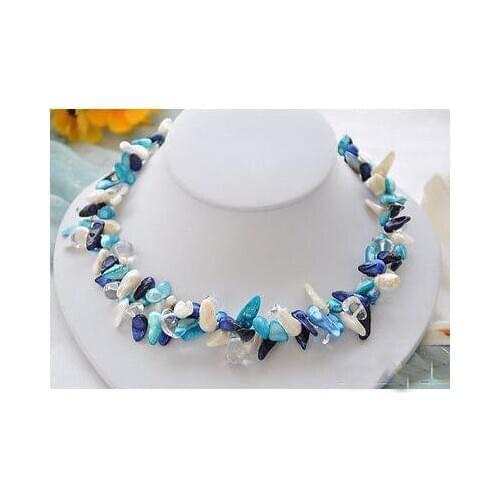 New Arrival Baroque Pearl Necklace 2 Rows 18'' White Blue Color Real Freshwater Pearls Crystal Beads Fashion Jewelry Women Gift