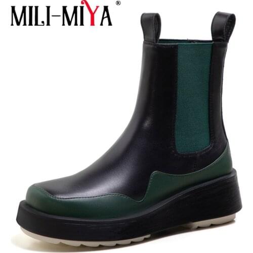 MILI-MIYA 2021 New Ankle Boots Women Thick Bottom Round Toe Genuine Leather Black Beige All Match Platform Runway Design Shoes