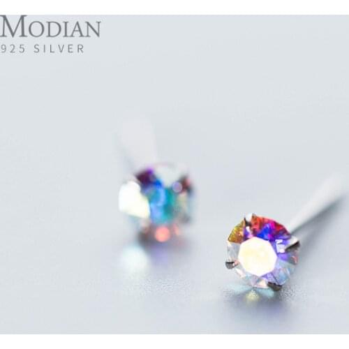 Modian Rainbow Colorful Cubic Zirconia Simple Stud Earrings Fashion Exquisite 925 Sterling silver Wedding Jewelry For Women
