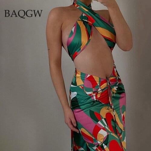 Summer Sleeveless Print Bodycon Two Piece Set Spring Women Fashion Halter Top Dress Streetwear Multi Wear Party Elegant Outfits