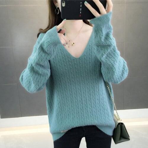 V-neck Sweater Women 2021 Autumn Winter Korean Loose Long sleeve Short Pullover Sweaters Solid Casual Female Jumper High Quality