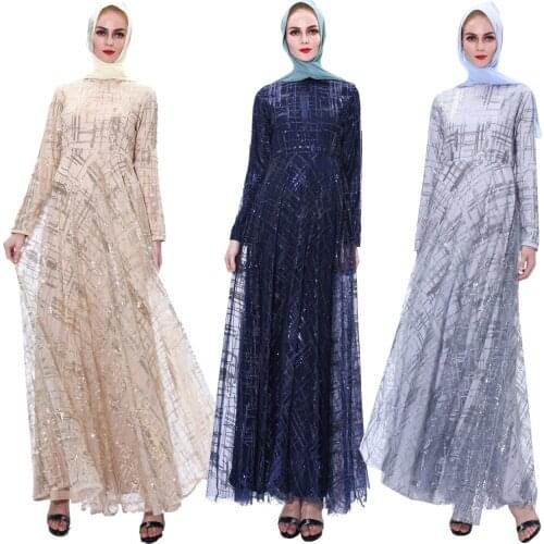 Dubai Women Muslim Sequin Abaya Maxi Dress Elegant Vintage Islamic Jilbab Kaftan Ramadan Prayer Ladies Long Sleeve Dresses Robes