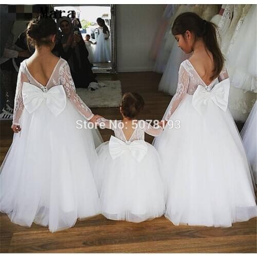 121 white flower girl dresses/baby formal gowns floor-length boat-neck V-back full-sleeves A-line tulle&lace free shipping