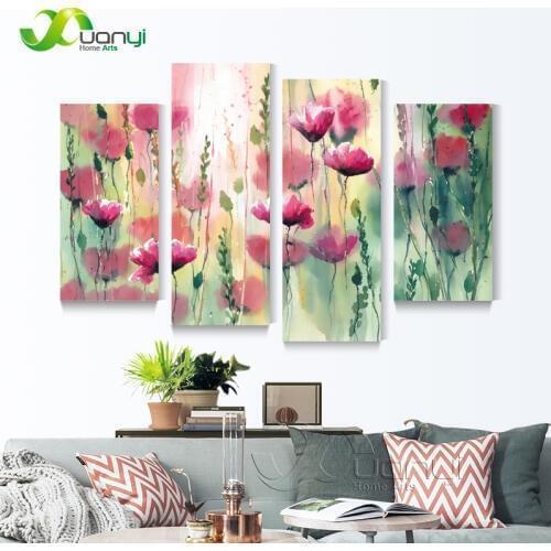 4 Piece Watercolor Flower Paintings Modular Paintings On The Wall Art Cuadros Decor Canvas Prints Red Flowers Picture Unframed