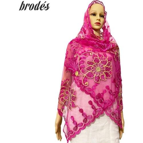African Muslin Hijab Dubai Tulle Pashmina Cord Embroider Ring Diamond Shawl Wrap Chemical Lace Stole Net Scarf Headband For Lady