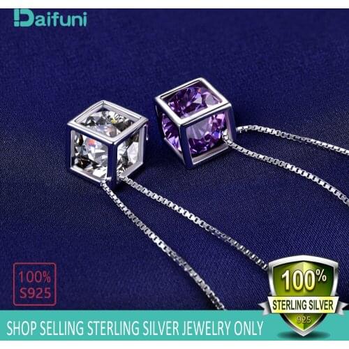 Daifuni Hot 925 Sterling Silver Square Cube Zircon Choker Statement Necklace For Women Double Layer Pendants Necklaces Jewelry