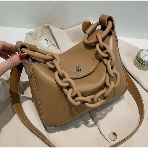 Ladies Solid Color Handbags Ladies Thick Chain Bucket Bags Female Shoulder Bag Pu Leather Crossbody Bag Women Handbags Main