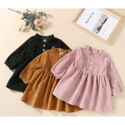Kids Corduroy Dress, Girls Solid Color Round Neck Long Sleeve Ruffled Gown for Spring Summer Fall, 1-4 Years