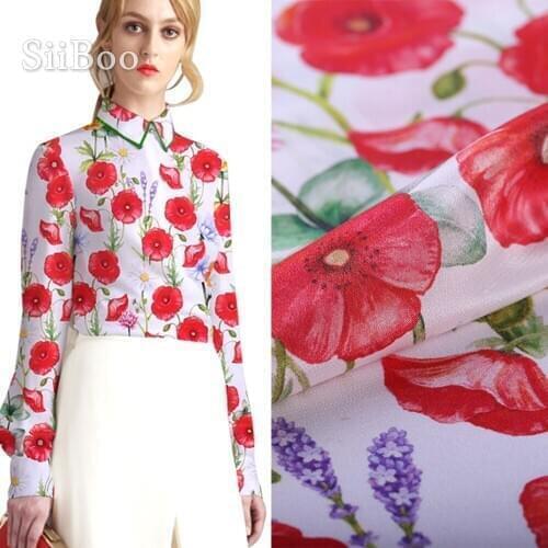 Elegant red floral print 100% silk crepe de chine fabric apparel for dress blue natural silk tissu fabrc 14mm SP5122 FREE SHIP