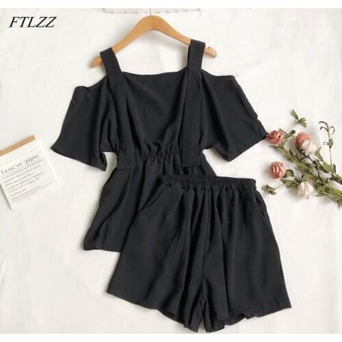 FTLZZ Summer New Women Casual Slash Neck Short-sleeved Sling Off The Shoulder Top High Waist Wide Leg Shorts Suit