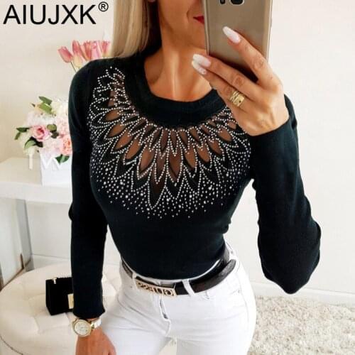 AIUJXK Autumn Winter Long Sleeve T Shirt Women Sexy Hollow Out Mesh Diamonds Top Ladies Slim Tshirt Black Casual Clothes