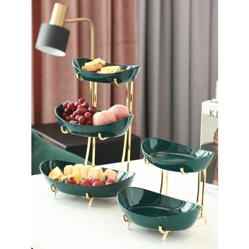 Ceramic Dark Green Fruit Bowl Creative Double-layer Metal Rack Snack Tray Living Room Dining Table Tabletop Display Tray Crafts