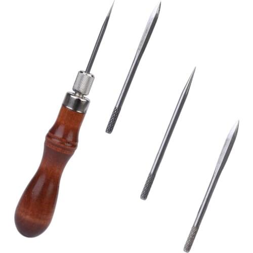 RORGETO Leather Sewing Craft Tool American 4 in 1 Stitching Lacing Scratch Wooden Handle Awl Multifunctional Hand Sewing Awl