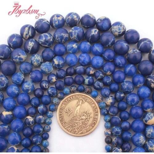 Round Smooth Blue Sea Sediment Imperial Jaspers Stone Loose Beads for DIY Accessorie Necklace Bracelet Jewelry Making15"