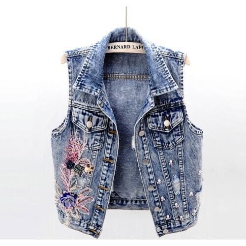 2020 Summer slim Beading Flowers Denim Vest Women street Waistcoat Holes Sleeveless Jacket Female Short Jeans Vests JC205