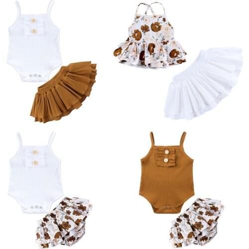 2021 Summer Infant Baby Girl Sleeveless Sling Floral Tops Romper+Tutu Shorts/Skirt Outfit Sunsuit Casual Baby Girl Clothes Set