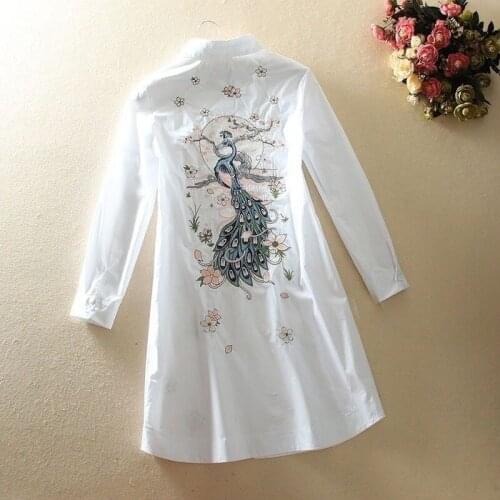 2020 Autumn New Korean Loose Back Embroidered Mid-length Cotton Shirt Womens Long-sleeved Fashion Embroidered Blouse