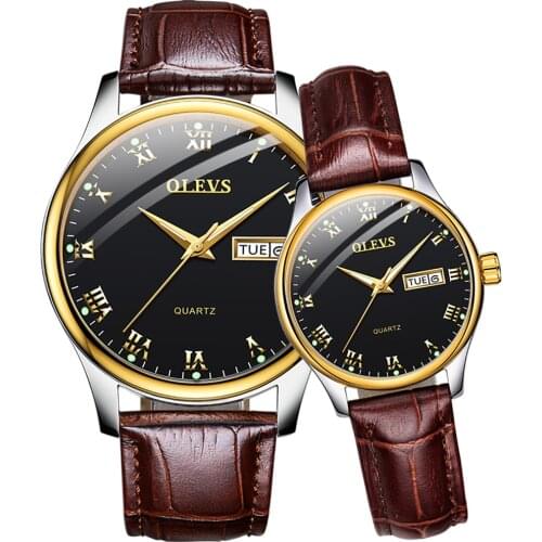 OLEVS Couple Watch Breathable leather Band Fashion Waterproof His and Her Quartz Wristwatch Set for Lovers One Pair